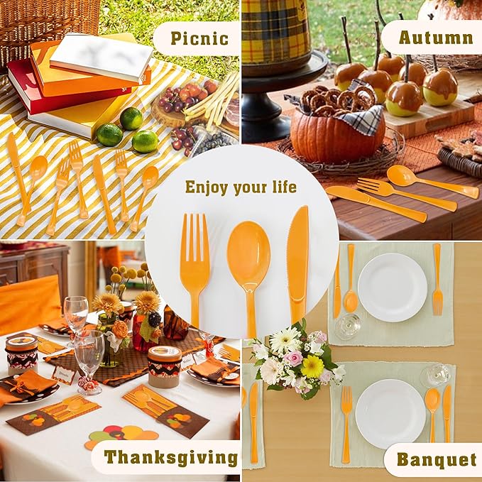 50 Pcs Orange Plastic Forks, Orange Plastic Silverware, Heavy Duty Plastic Cutlery Set Disposable Utensils Sets for Brithday, Wedding, Baby Shower, Fall Party, Halloween, Thanksgiving Day