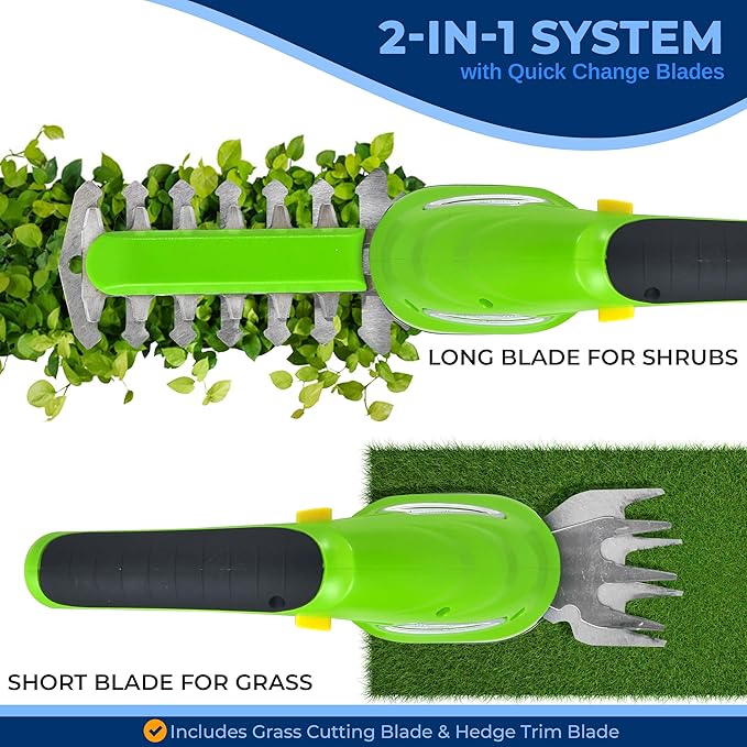 SereneLife Cordless Handheld Grass Cutter Shears, Portable Lightweight Electric Hedge Trimmer, Hand Held Garden Clippers Powered with Rechargeable 3.6V Battery, Changeable Blade Trimmers Light Green
