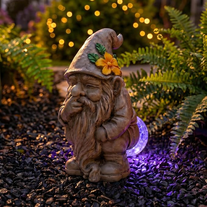 Lyeasw Solar Funny Garden Gnome Statue - Gnomes for Dad - Waterproof Outdoor Garden Sculpture Light for Yard, Porch, Patio & Balcony - Birthday Gift for Mom, Grandma & Garden Lovers