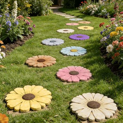 Heavy Duty Concrete Stepping Stone 10 Inch Daisy Design, Non Slip Garden Pathway Stone for Outdoor Walkway Yard Patio Lawn (White)
