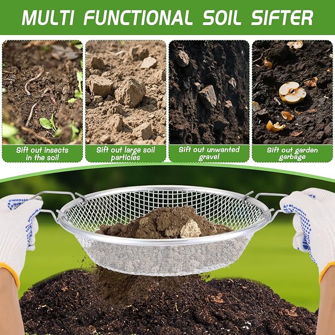2PCS Mesh Soil Sifter for Gardening,Compost Sifter with Handles for 5 Gallon Buckets,Garden Sieve Rock Sifters for Captures Dirt Rocks Sawdust Includes Gloves