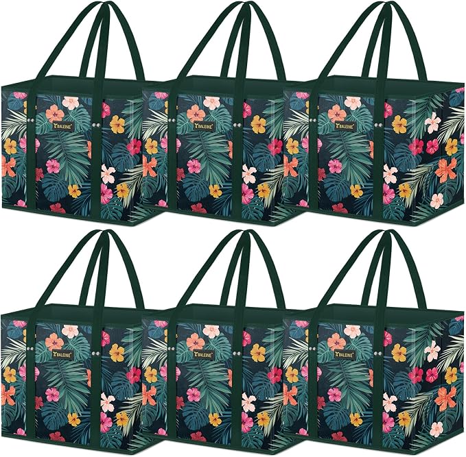 BALEINE 6Pk Reusable Grocery Bags, Foldable Shopping Bags for Groceries with Reinforced Bottom & Handles (Blossom Season)