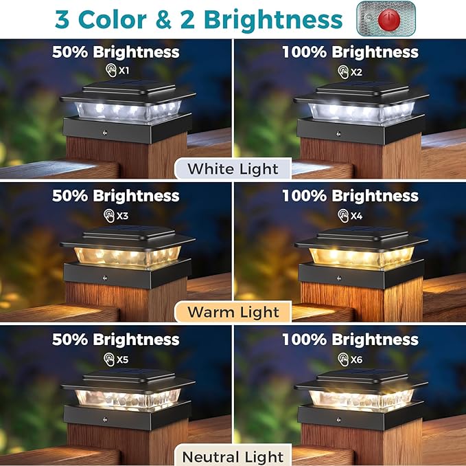 kolpop 4x4 Solar Post Cap Lights Outdoor 8Pack- 3 Color Temperatures& 2 Level Brightness, IP65 Waterproof, 16 LED Black Fence Deck Post Light Solar Powered Only for 4×4/3.5×3.5 Wood/Vinyl Posts