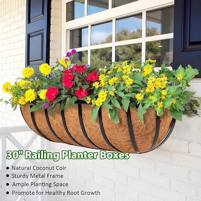 LCHUANG Railing Planter Window Box - 4 Pack 30 Inch Deck Balcony Rail Planter with Coconut Coir Liner, Fence Metal Hanging Flower Planter Basket Deck Railing Planter Boxes for Outdoor Garden