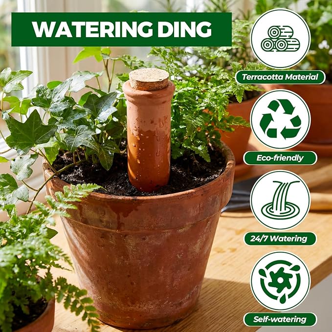 3 Pcs 4.9'' 5.9'' 6.7'' Terracotta Watering Spikes with Lid Automatic Plant Waterer Vacation Friendly Self Watering Planter Insert Plant Water Devices for Indoor Outdoor Plants, 3 Sizes
