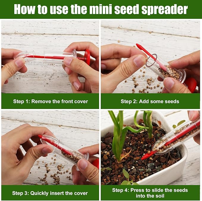 6pcs Seed Spreader Tool Set, Including 2 Small Seed Planter Sower Handheld Plastic 2 Mini Sowing Seed Dispenser 2 Tiny Seedlings Dibber and Widger Tool for Planting Gardening Vegetables Flowers