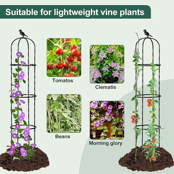 FOLLOOK Garden Obelisk Trellis for Climbing Plants Outdoor, Lightweight Climbing Plant Support Flower Roses Clematis Vegetable Light Vines Round Trellis for Raised Garden Bed Planter, Black, 1 Pack