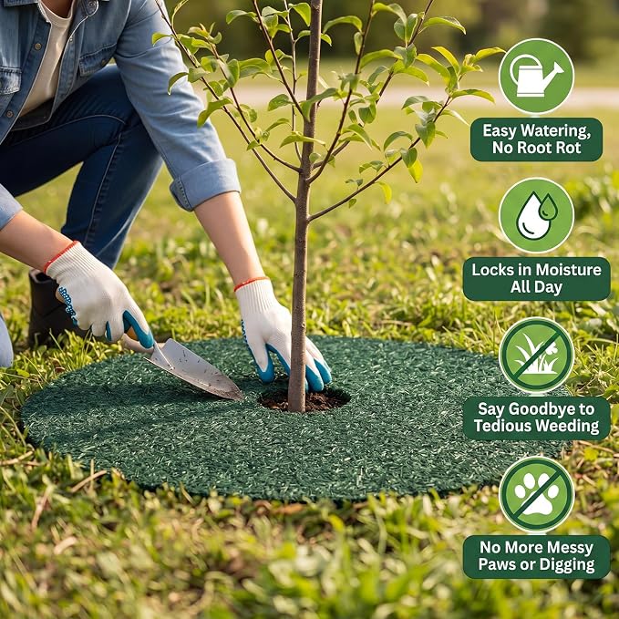 Peryiter 3 Pcs Double Side Rubber Mulch Tree Ring Heavy Duty Rubber Mulch Mat Tree Protector Weed Barrier Mats Reversible Round Root Ring for Prevent Weed Grass Animal Dig (20 Inch,Green and Black)