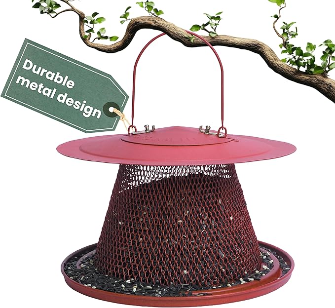Perky-Pet Red Cardinal Wild Bird Feeder - 2.5 lb Seed Capacity, Holds Up to 15 Birds Simultaneously, Metal Hanging Feeder for Outdoors, Collapsible Mesh Design, Built-In Hook & Circular Tray, C00322