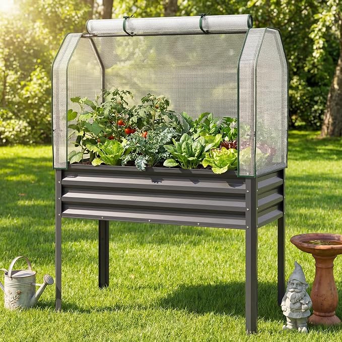 Giantex Raised Garden Bed with Legs & Greenhouse Cover, 44x20x60 Elevated Metal Planter Box with Roll-up Door, Outdoor Mini Greenhouse for Vegetable Flower Herb Patio Balcony (Gray,1)