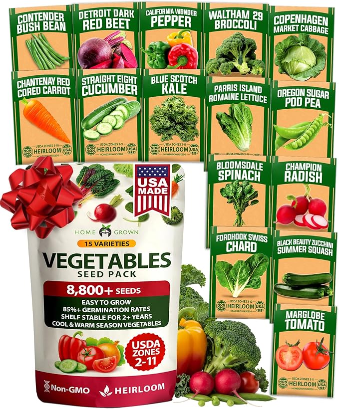 HOME GROWN 15 Variety Survival Seed Vault 8,800+ Heirloom Non-GMO Vegetable Seeds for Planting, High Germination, Complete Garden Starter Kit, Prepper Survival Gear, Indoor Outdoor