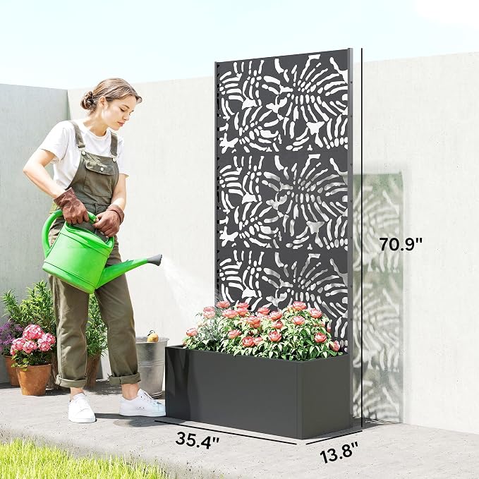 Outsunny Metal Planter Box with Trellis, 71" Tall Raised Garden Bed with Trellis Privacy Screen and Drainage Holes, Banana-Leaf Cut-Out Outdoor Privacy Planter for Climbing Plants, Vegetables, Vines
