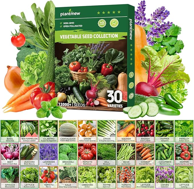 30 Heirloom Vegetable Seeds for Planting, 12,000+ Garden Seeds - Vegetable, Herb, Fruit Seeds - Survival Seed Vault with Tomato, Basil, Lettuce, Bean, Pepper, Squash and More