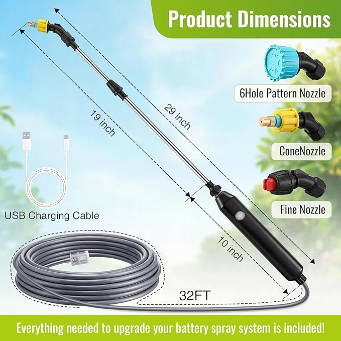 Battery Powered Sprayer Wand, 32 FT Hose, 32 Inch Electric Pump Sprayer with 3 Adjustable Speeds, Battery Indicator, Rechargeable Garden Sprayers for Plant Watering, Cleaning & Outdoor Use