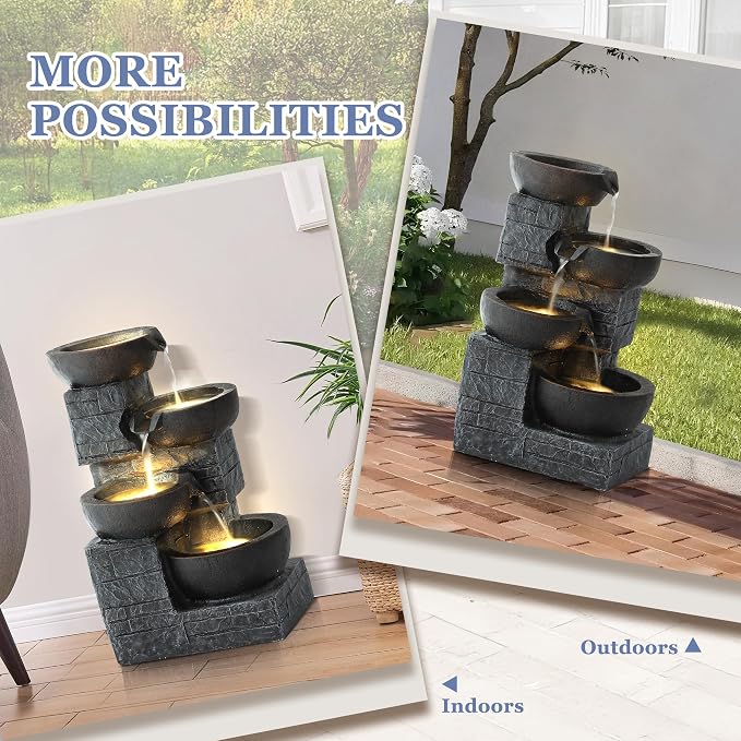 Grepatio Outdoor 4-Tiers Water Fountain, Garden Cascading Waterfalls Fountain with 4 LED Lights, 21.9" H Modern Indoor/Outdoor Bowl Waterfall Feature Water Fountains for Garden, Yard Decor (Brown)