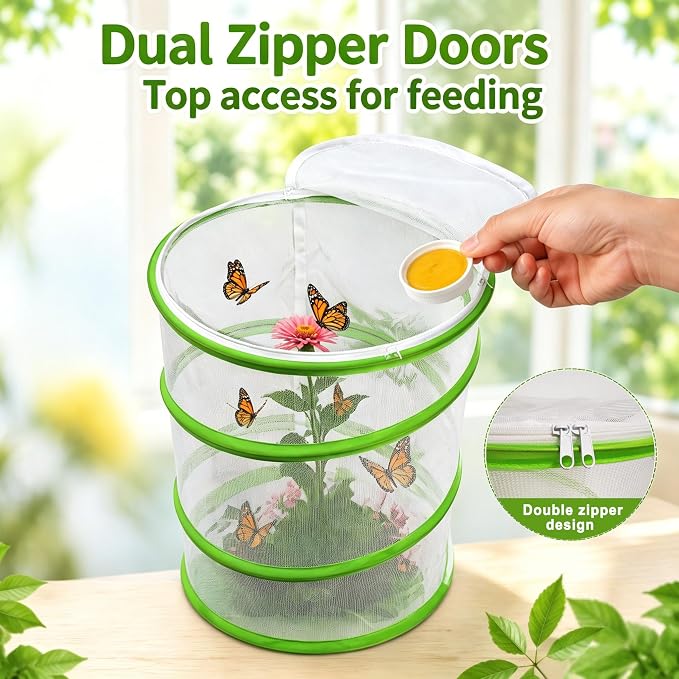 Butterfly Habitat Mesh Cage，12" x 14" Pop-up Breathable Insect Bug Net Butterflies Cage Tall (Green)