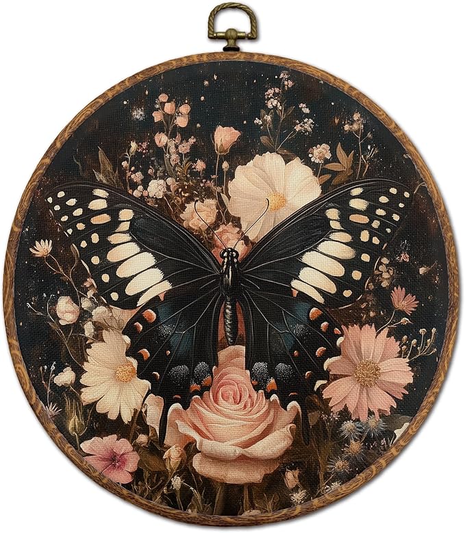 DOFQZ Vintage Dark Floral Butterfly Round Wall Art Decor, Moody Black Butterfly Framed Wall Art, Dark Academia Gothic Moth Canvas Wall Hanging Decor for Home Bedroom Living Room, 10x10