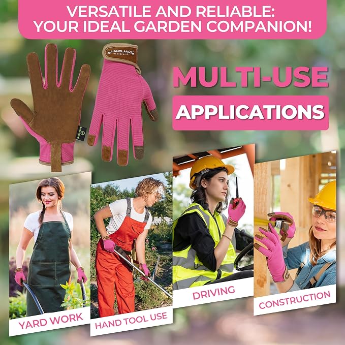 HANDLANDY Gardening Gloves for Women, Breathable Ladies Leather Garden Yard Gloves Best Gift for Gardeners