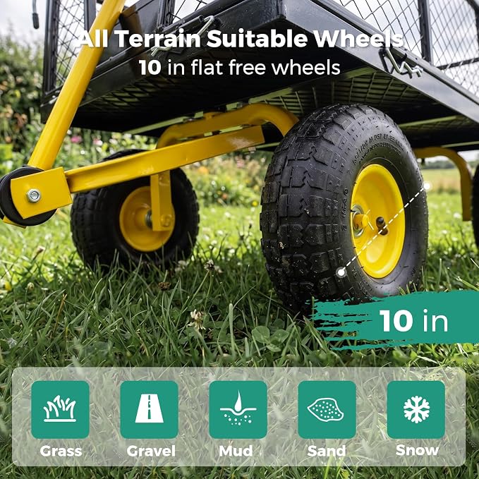 SUNNYFEEL Heavy Duty Garden Cart, 500 LBS Capacity Metal Mesh Utility Wagon with 10" Flat-Free Wheels, Removable Sides, 180 Adjustable Handle, All Terrain Yard Cart for Gardening, Firewood