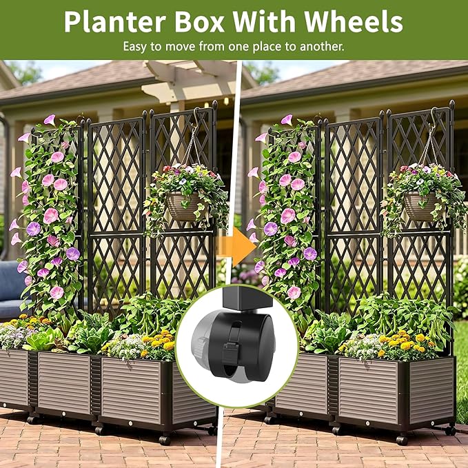 Raised Garden Bed Planter Box with Trellis, 63''H Tomato Planters for Climbing Plants Vegetable Vine Flowers Outdoor Patio Tomato Cage, Self Watering Planter with Wheels