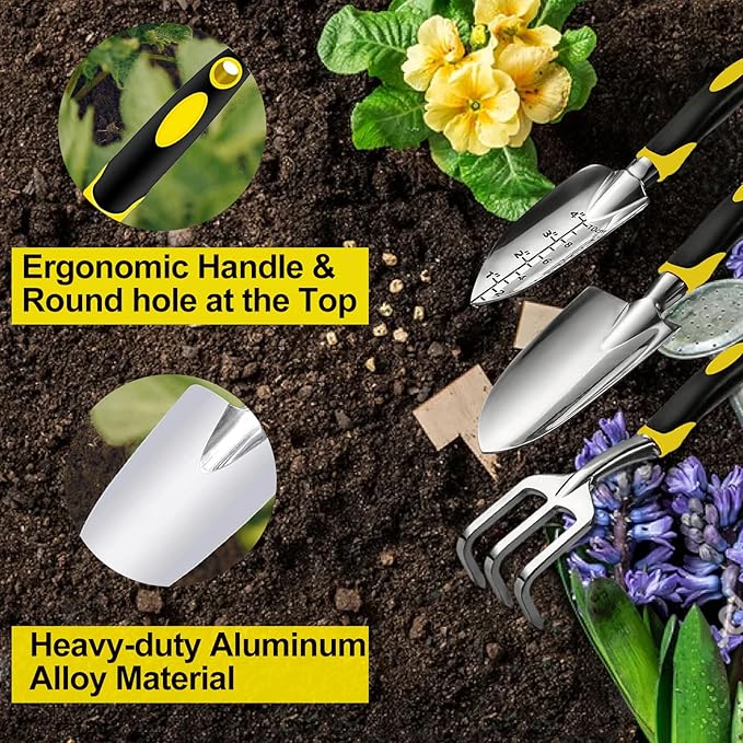 Garden Tool Set, 3 Piece Gardening Tools Includes Garden Trowel, Transplant Trowel and Hand Rake with Non-Slip Ergonomic Handle, Heavy Duty Garden Kit for Planting, Garden Gifts, Yellow