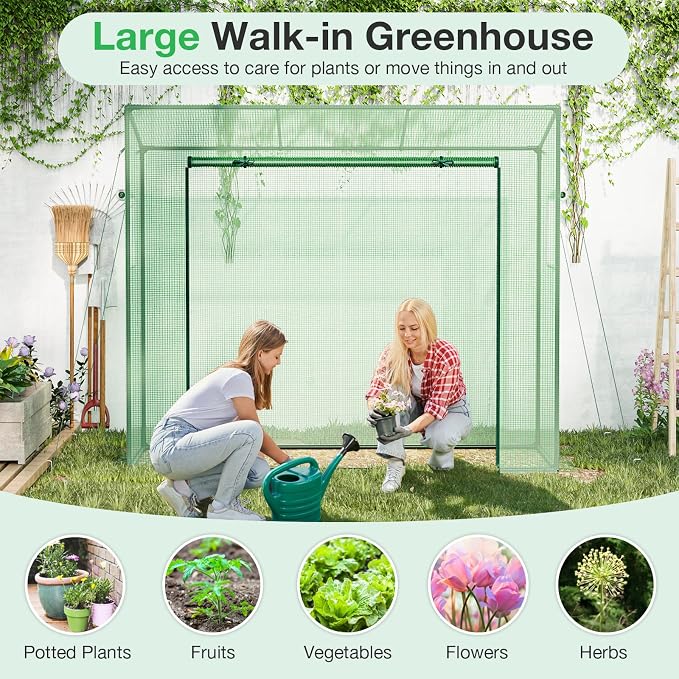 Giantex Walk-in Greenhouse, 4 Ground Stakes & Ropes, Outdoor Portable Mini Greenhouse w/ PE Cover, Heavy-Duty Metal Frame, Roll-up Zipper Door, Double-Layer Screen Windows, 6.6 x 2.5 x 5.6 FT