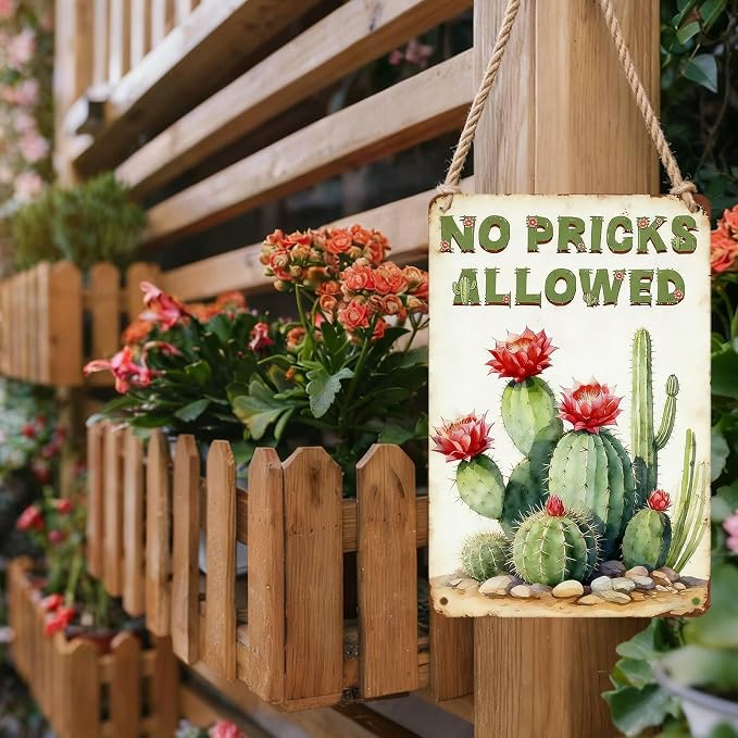 PEACHGARDEN Cactus Deocr Garden Signs No Pricks Allowed Southwestern Metal Tin Sign Cactus Wall Art Decor for Outdoor Garden Yard Greenhouse 8x12 inch