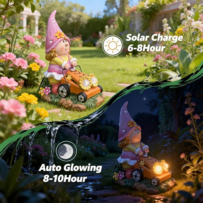 Solar Garden Gnomes Decor for Yard, Fairy Sunflower Lawn Mover Statue | 8inch Height, Lighting 8-10 Hour, Waterproof Outdoor Figurine Lights, Face-revealing, Heart Hat, Pink Gifts for Women