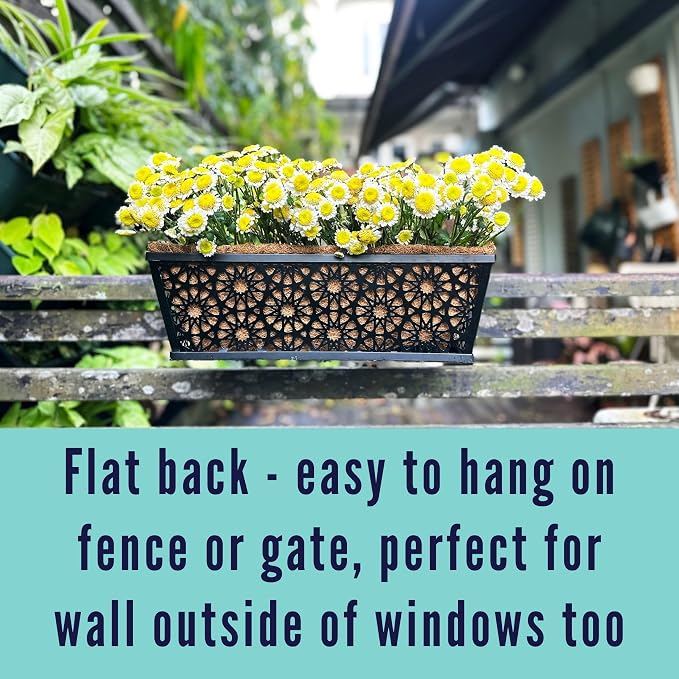 LaLaGreen Window Planter Boxes Outdoor (16 Inch, 2 Pack) Black Metal Wall Hanging Planters for Plants, Deck Railing Flower Box with Coco Liners, Trendy Horse Troughs Balcony Pots Patio Porch Over Rail