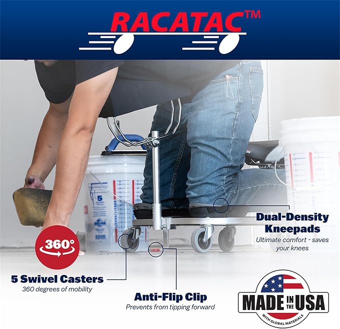 Racatac Kneeling Sitting Creeper with Chest Support, 2 Inch Casters, Rolling Knee Pads with Seat, Adjustable Seat, Knee Pads with Wheels, Assembled in USA, Floor Creeper, 01RACCS