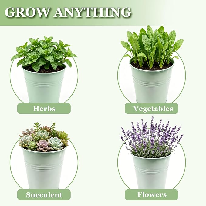 TCBWFY Indoor Herb Garden Planter Set - 3 Pack 4.7" Green Metal Plant Pots with Drainage Holes & Removable Tray - Windowsill Kitchen Counter Balcony Office Garden