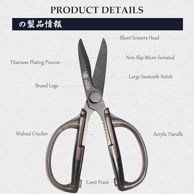 MITSUMOTO SAKARI Japanese Kitchen Scissors, Heavy Duty Detachable Kitchen Shears with Titanium-Plated Stainless Steel Blades, Clear Acrylic Handles for Meat, Fish, Nuts & Vegetables