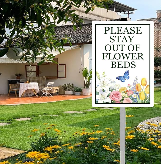 Please Stay Out Of Flower Beds Sign With Stakes Do Not Walk in Flower Bed Rustproof Reflective Aluminum Keep Off Pollinator Habitat Garden Yard Signs Outdoor 8x12 inches