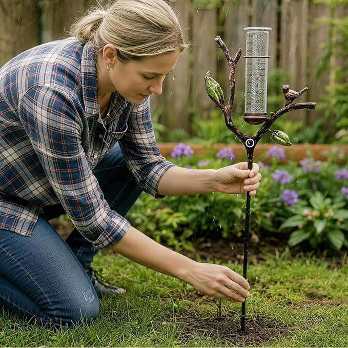 Outdoor Glass Rain Gauge with Stake Bird Shaped Yard Rainfall Measuring Tool 7 Inch