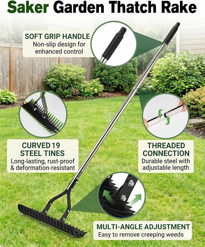 Saker Thatch Rake for Lawn Dethatching, 15" Heavy Duty Thatching Rake with 71" Adjustable Long Handle, 19 Dual-Side Steel Tines, Metal Turf Rake for Grass, Soil, Yard & Garden Lawn Care