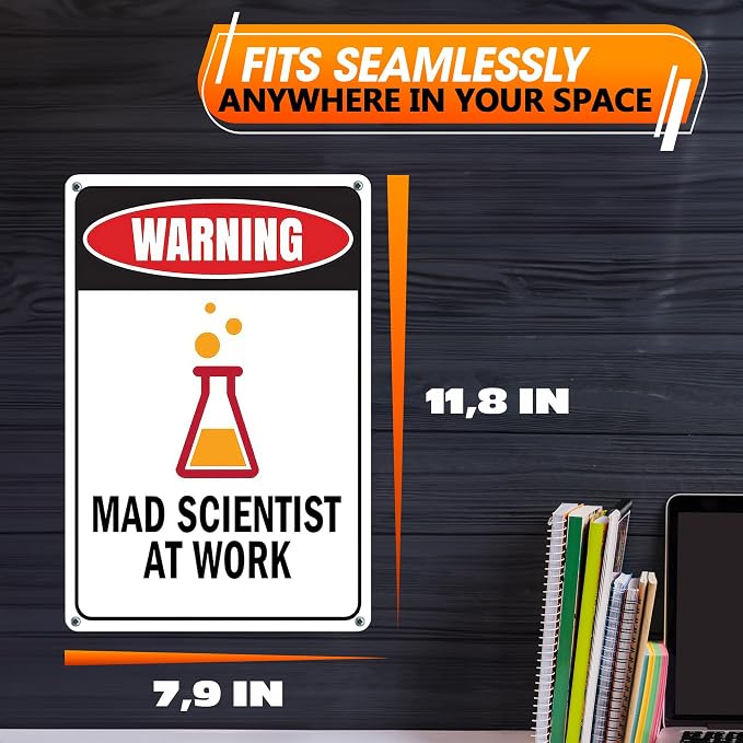 Mad Scientist Metal Sign 7.9x11.8" – Mad Scientist Props with Good Print Quality, Science Classroom Decor, Office, or Home – Rust Resistant Tin Wall Art, Chemistry Gifts for Men | Easy Installation
