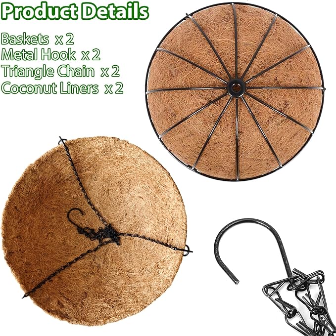 LCHUANG Hanging Baskets Planter for Plants - 2 Pack 10 Inch Metal Baskets with Coco Coir Liner, Hanging Flower Pots for Outside with Chain, Indoor Outdoor Garden Porch Decoration (10'' Pack of 2)