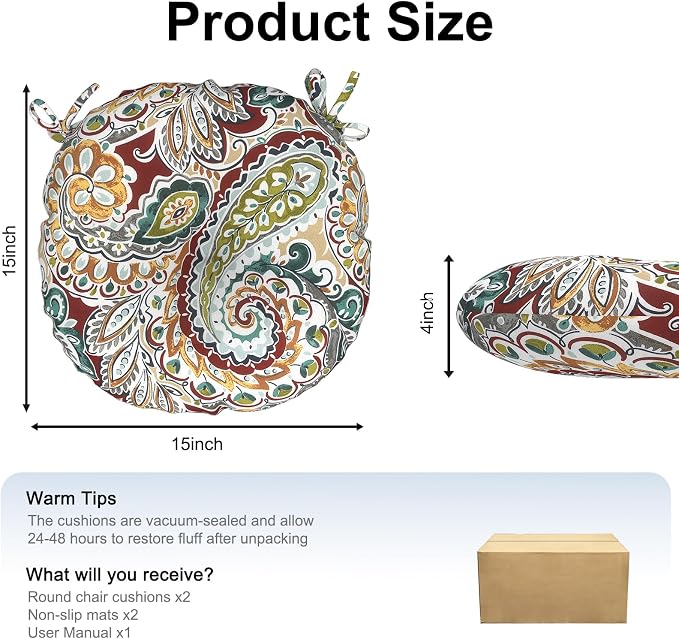 DYTXIII Set of 2 Outdoor Round Chair Cushions 15"x15"x4" with Ties, Water Repellent Tufted Bistro Seat Cushions, Thick Patio Chair Pads for Bar Stool, Garden & Dining Furniture - Paisley Chilli