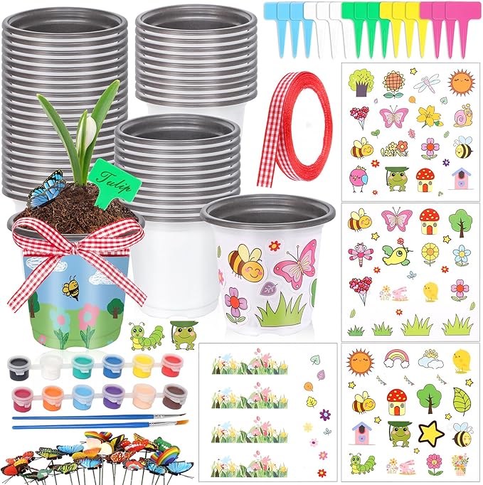 Garden Plastic Pot Craft Kit 50 Nursery Pots with 32 Stickers 50 Plant Labels 4 Painting Tools and 1 Ribbon for Flower Plant Spring Summer Graduation DIY Crafts Painting Gardening Growing Tools