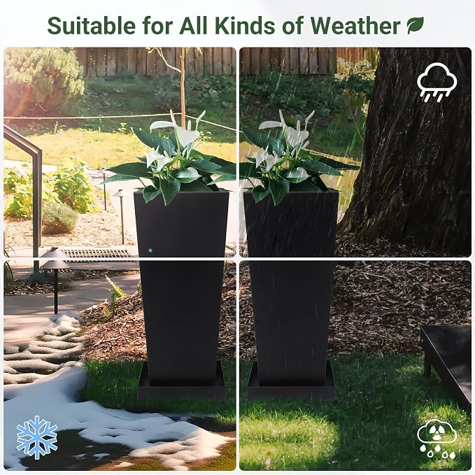 26" Metal Tall Outdoor Planters Set of 2, Durable & Wealtherproof | Tall Planters with Drainage Insert Shelve & Trays, Black Outdoor Planters for Porch, Garden, Yard
