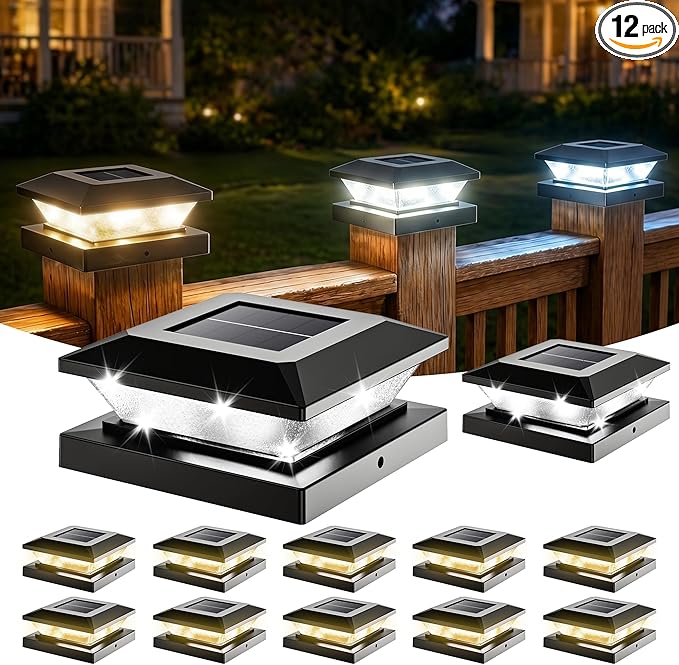 4x4-Solar-Post-Cap-Lights-Outdoor 12 Pack Solar Powered Fence Post Lights 3 Lighting Modes Deck Postcap Light for 3.5x3.5 4x4 Wood/Vinyl Posts LED Waterproof Garden Patio Porch Posts Lighting Black