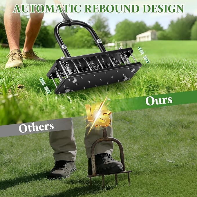 Lawn Aerator, 21 Pre-Assembled Metal Spikes, Automatic Dirt & Leaves Clean, Ergonomic Design, Soil Lawn Aerating Tools for Yard Lawn and Garden, Lawn Aerator Spikes aerating Tool