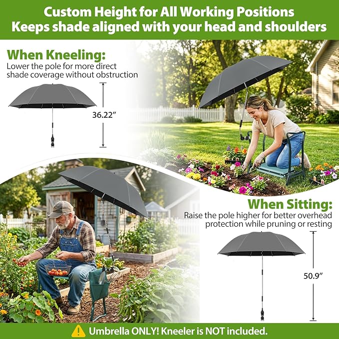 Garden Kneeler Umbrella,42” Large Chair Umbrella with Universal Clamp, 360°Swivel and UPF 50+ Protection,Folding Clip on Umbrellas for Garden Seat Bench Beach Chairs Strollers Golf Carts, NO KNEELER