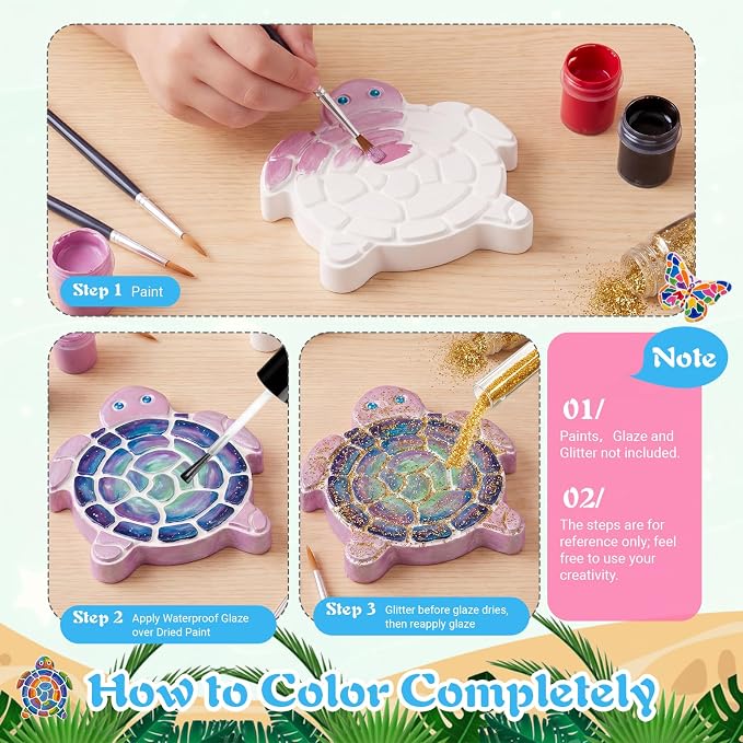 Lewtemi 8 Pcs Paint Your Own Stepping Stones for Craft, DIY Plaster Stepping Stones Garden Decor Painting Art Set for Art Class, Summer Activities & Home Decor (Turtle)