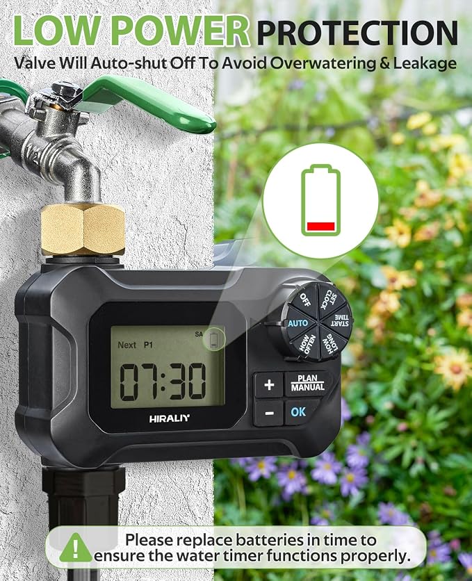 HIRALIY Water Timer for Garden Hose, Programmable Sprinkler Timer Outdoor, for Irrigation System Garden Watering, Rain Delay/Manual Mode, Brass Connector, IP65 Waterproof