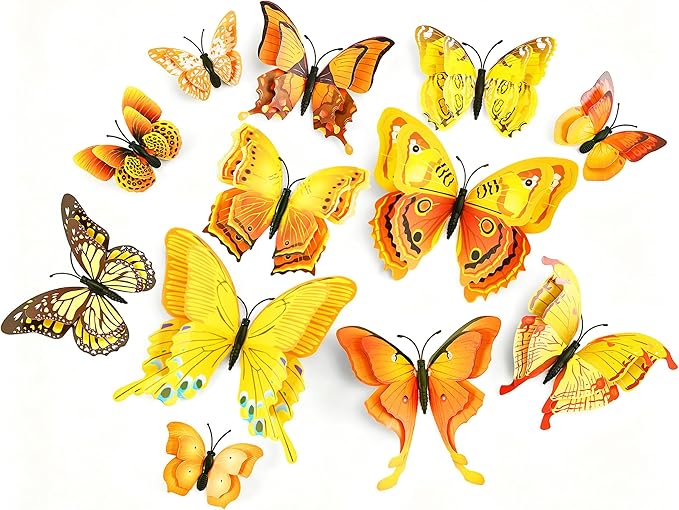 SAOROPEB 3D Butterfly Wall Decor, 48 Pcs Double Layer Butterfly Decorations for Party Decorations Locker Decor Refrigerator Decal, Reusable (Yellow)