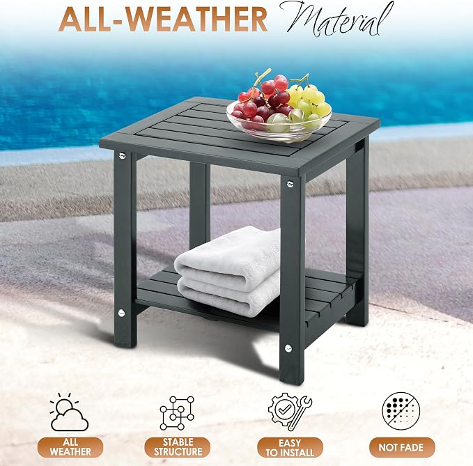 2-Tier Adirondack Outdoor Side Table, 16.6" Acacia Weather-Resistant End Table with Shelf for Patio, Garden, Lawn, Living Room (Grey)