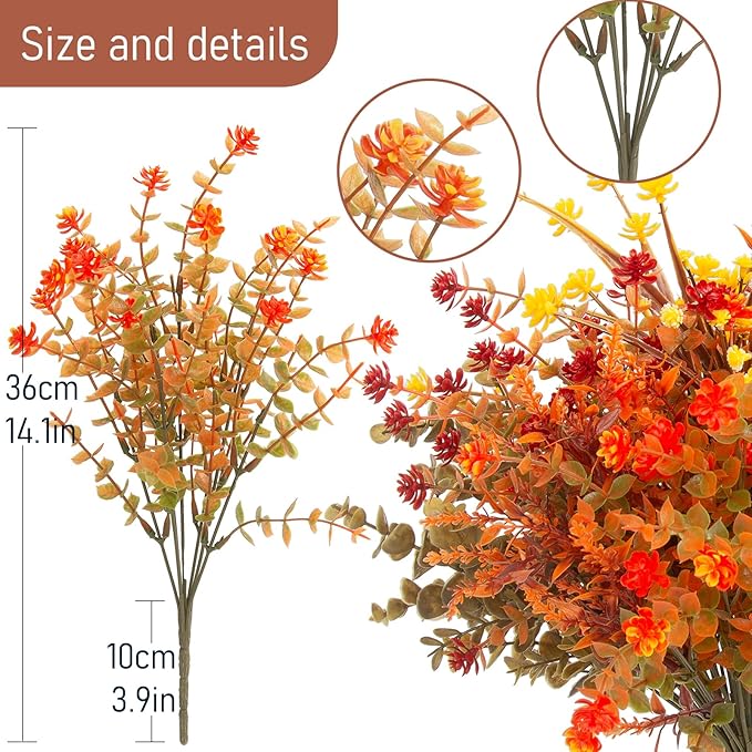 Hananona 12 Pcs Artificial Fall Flowers Outdoor, Faux Artificial Plants UV Resistant Plastic Autumn Flower for Hanging Planter Front Door Porch Window Home Decor (12, Orange)