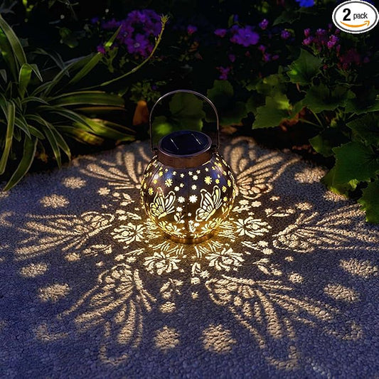 2 Pack Outdoor Solar Hanging Lantern Lights Metal LED Decorative Lamp for Garden Patio Courtyard Lawn and Table with Hollowed-Out Design (Bronze Butterfly)