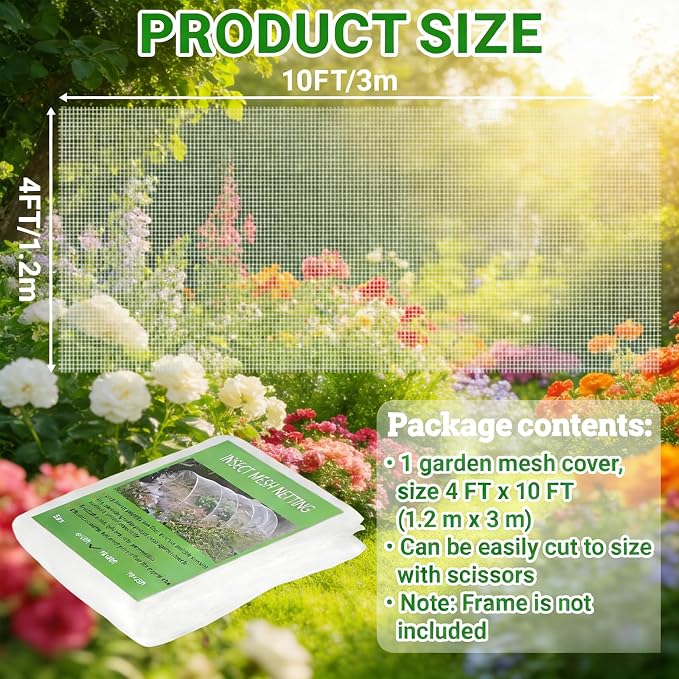 4FT x 10FT Garden Netting Ultra Fine Mesh Netting Plant Cover Insect Bird Netting Barrier for Garden Row Cover for Raised Beds/Greenhouse Vegetables Fruits Flowers Trees